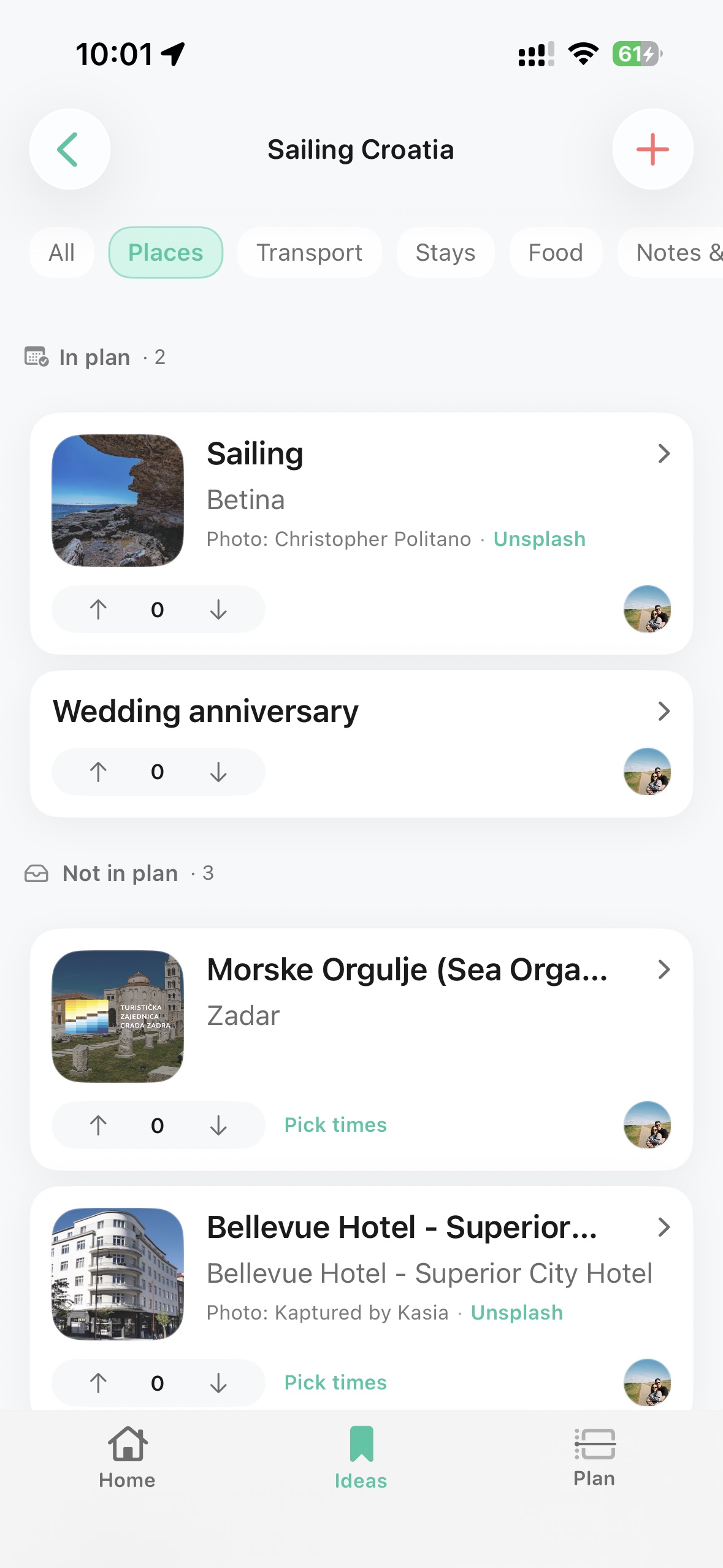 Awaii v1.3 ideas board showing places grouped by in plan and not in plan