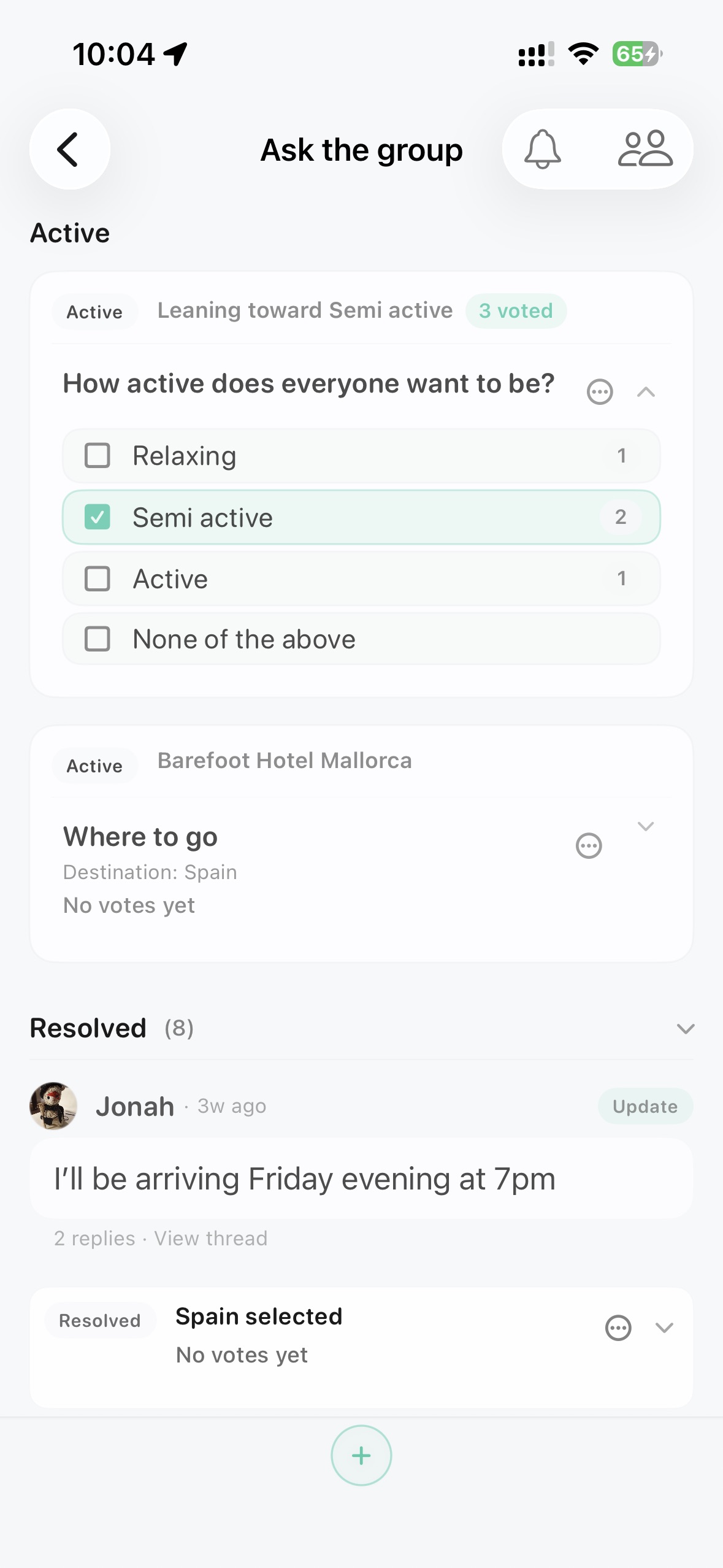 Awaii v1.3 group feed with active questions, updates, and resolved decisions
