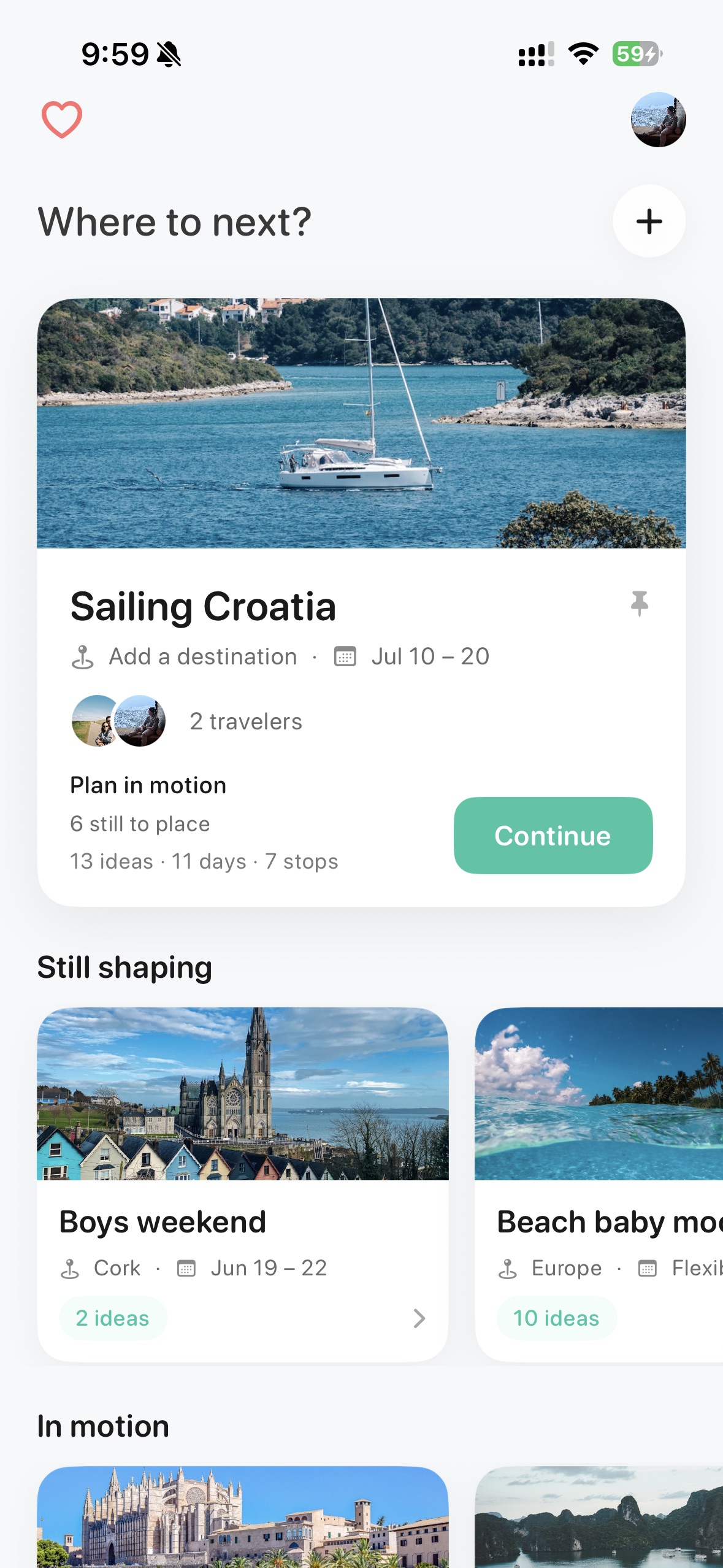 Awaii v1.3 simplified overview screen showing trips still shaping and in motion