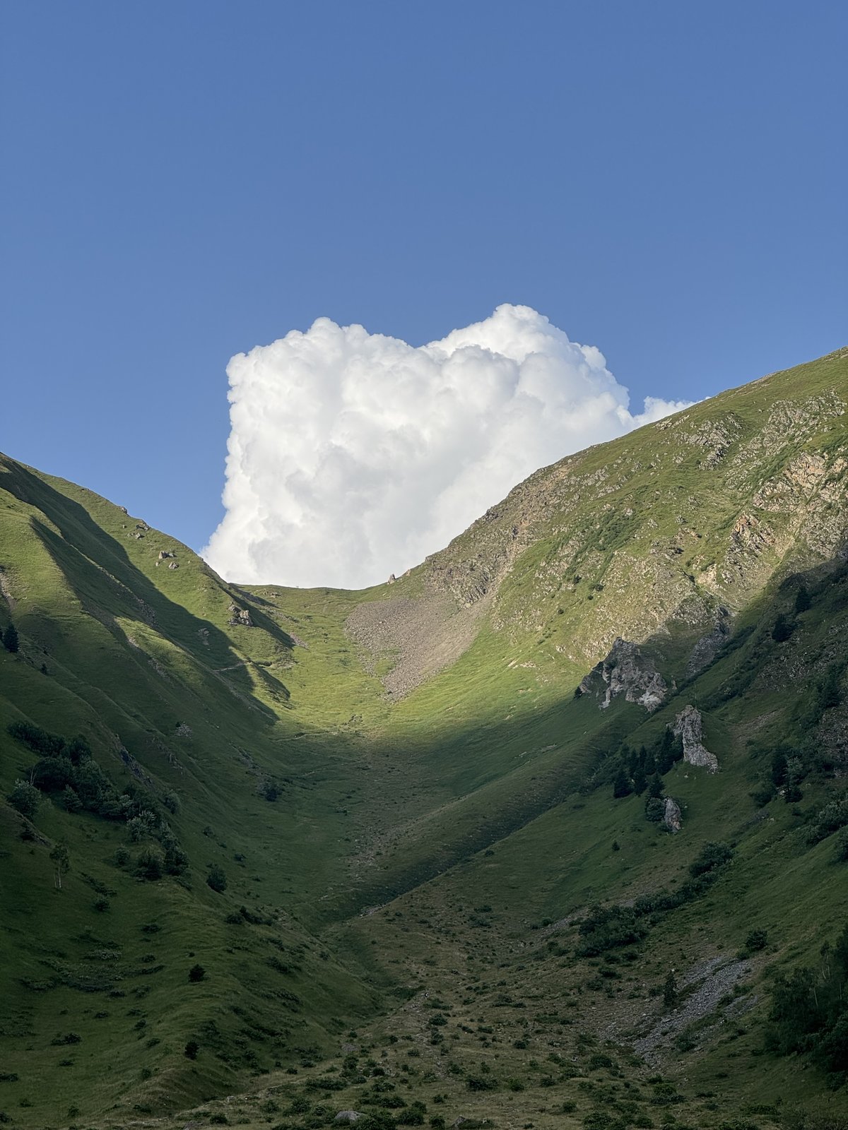 A white cloud sitting in a green alpine valley between two mountain slopes