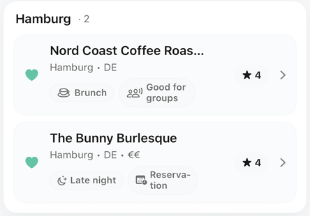 Een Awaii-favorietenlijst gegroepeerd per stad, met twee bewaarde plekken in Hamburg met labels voor brunch en late night