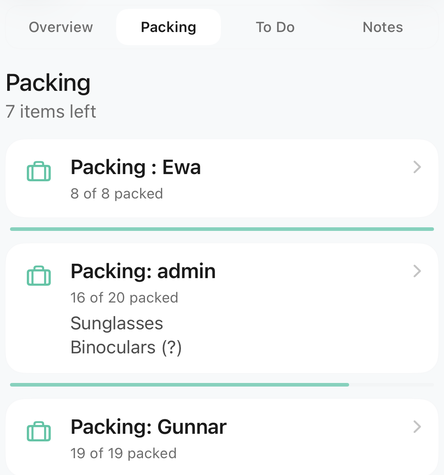 Een Awaii-essentials-scherm met paklijsten per persoon, plus tabs voor taken en notities