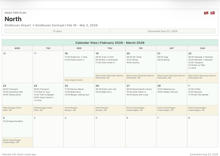 Een Awaii-reis-pdf met een reisschema van dertien dagen als kalender