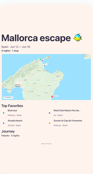 Een Awaii-recapkaart om te delen voor een Mallorca-trip, met kaart, favorieten en de route