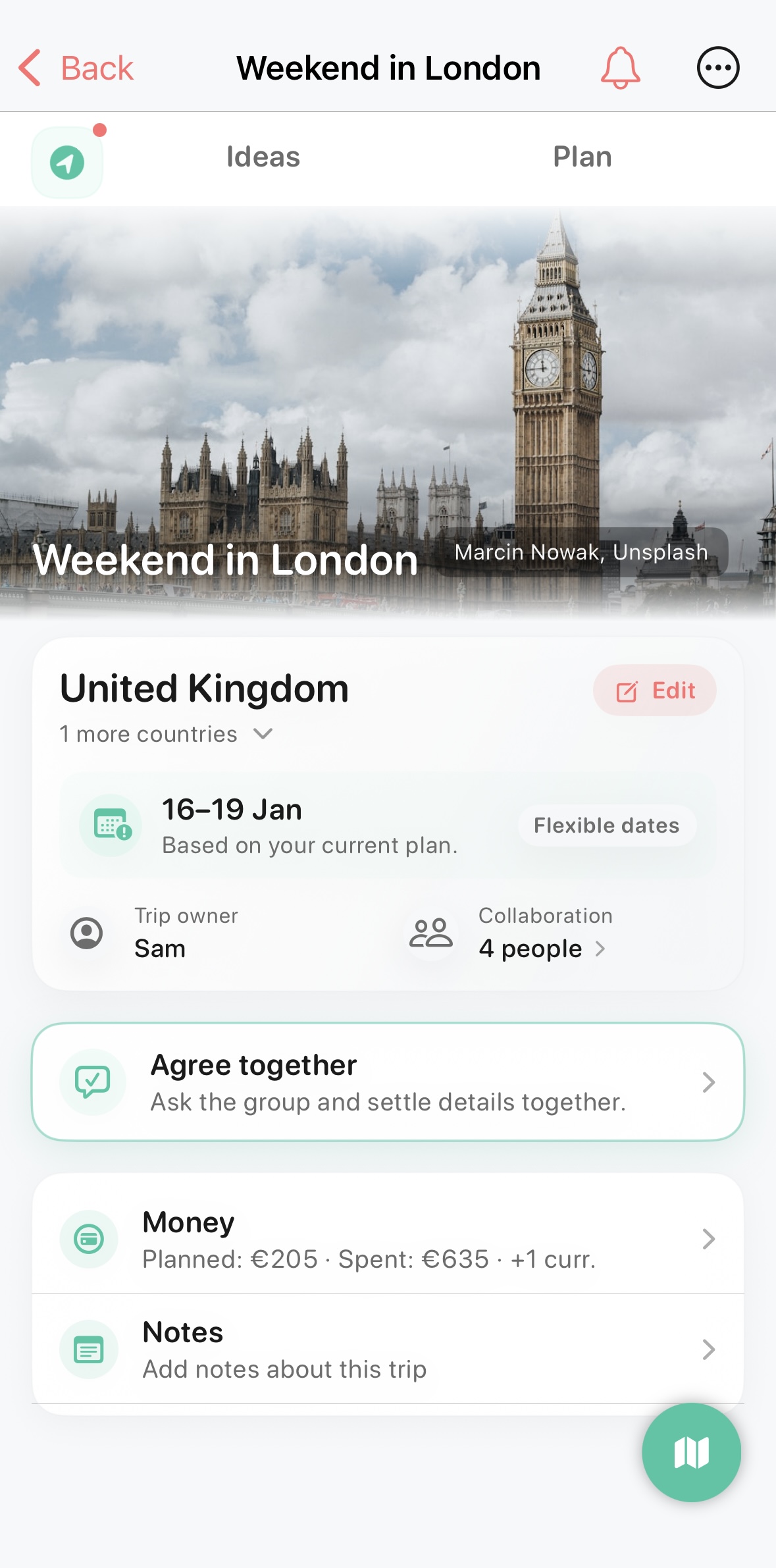 Awaii plan overview screen showing a shared space for trip ideas