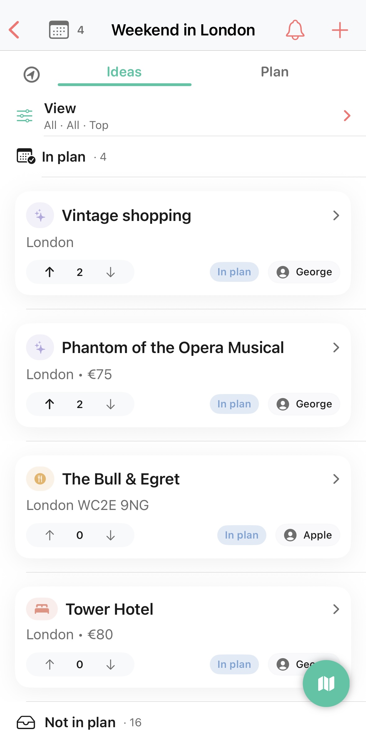 Awaii ideas board screen showing collected trip ideas as cards