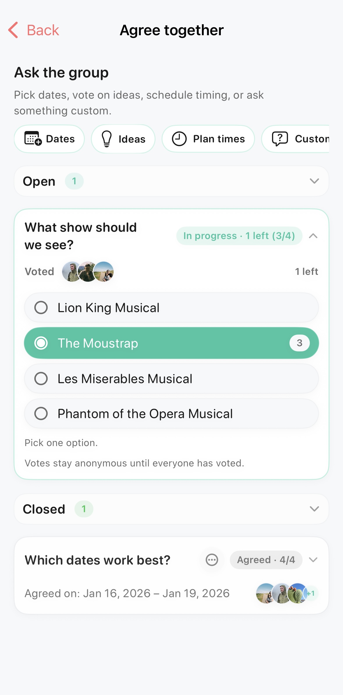 Awaii screen showing group voting and agreement features