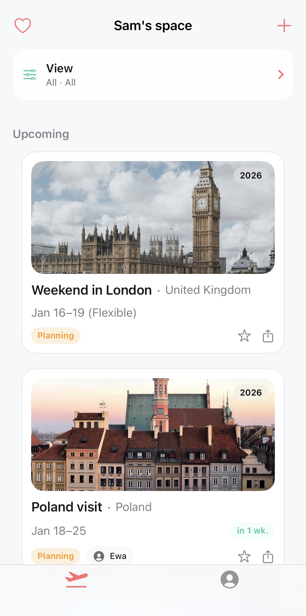 Awaii plans list showing all saved trip plans