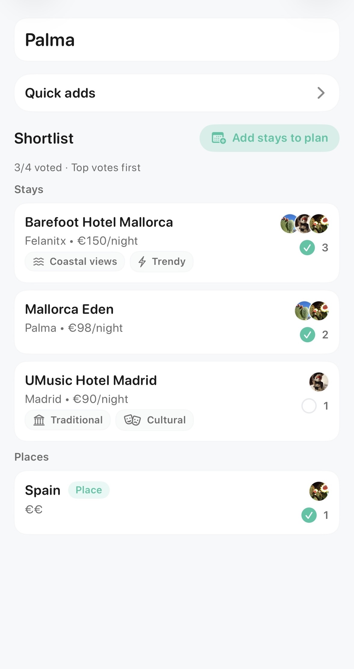 Awaii shortlist showing places and stays with group votes and the winning choice