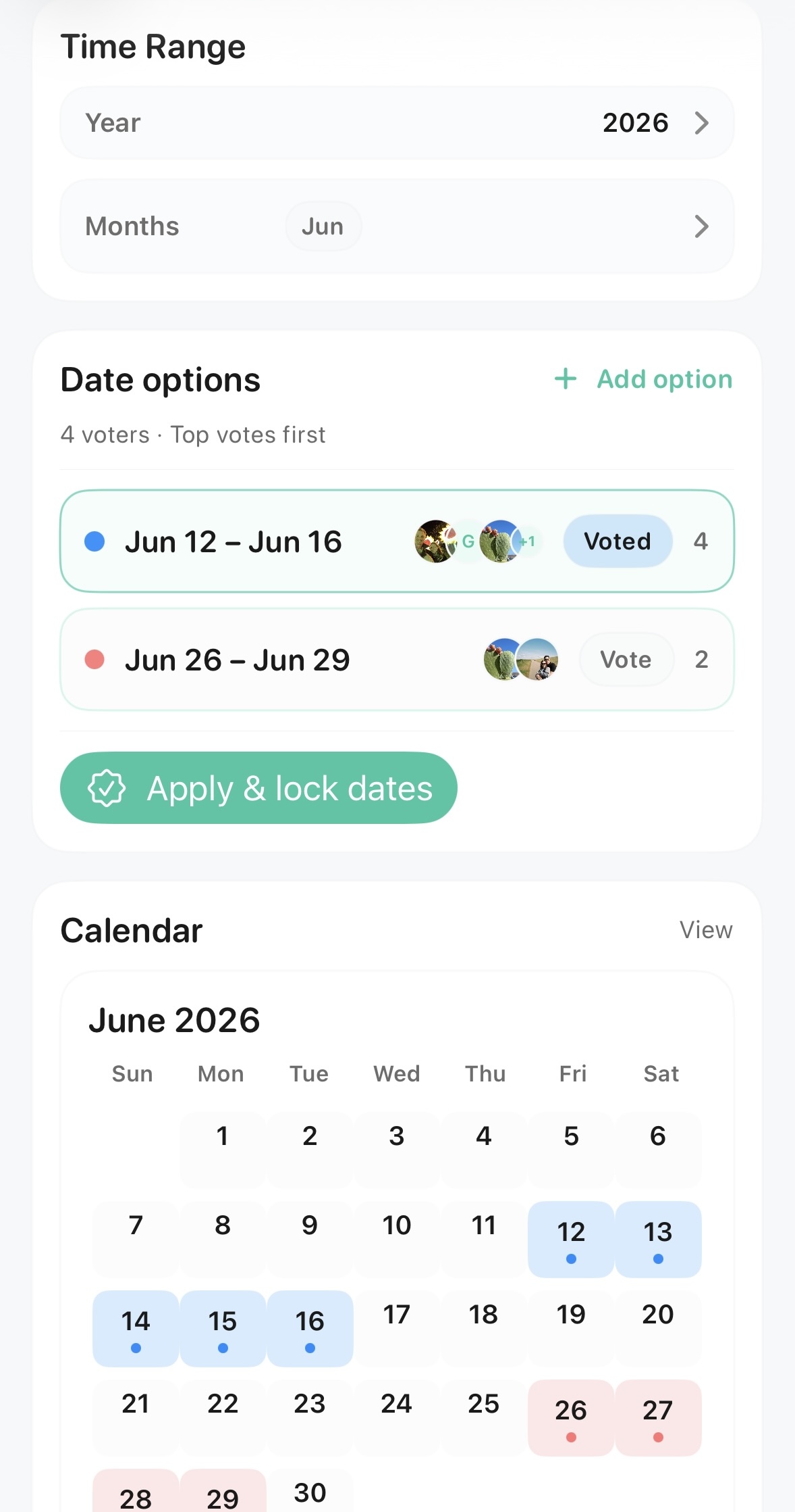 Awaii date poll with calendar visualization showing group votes and selected dates