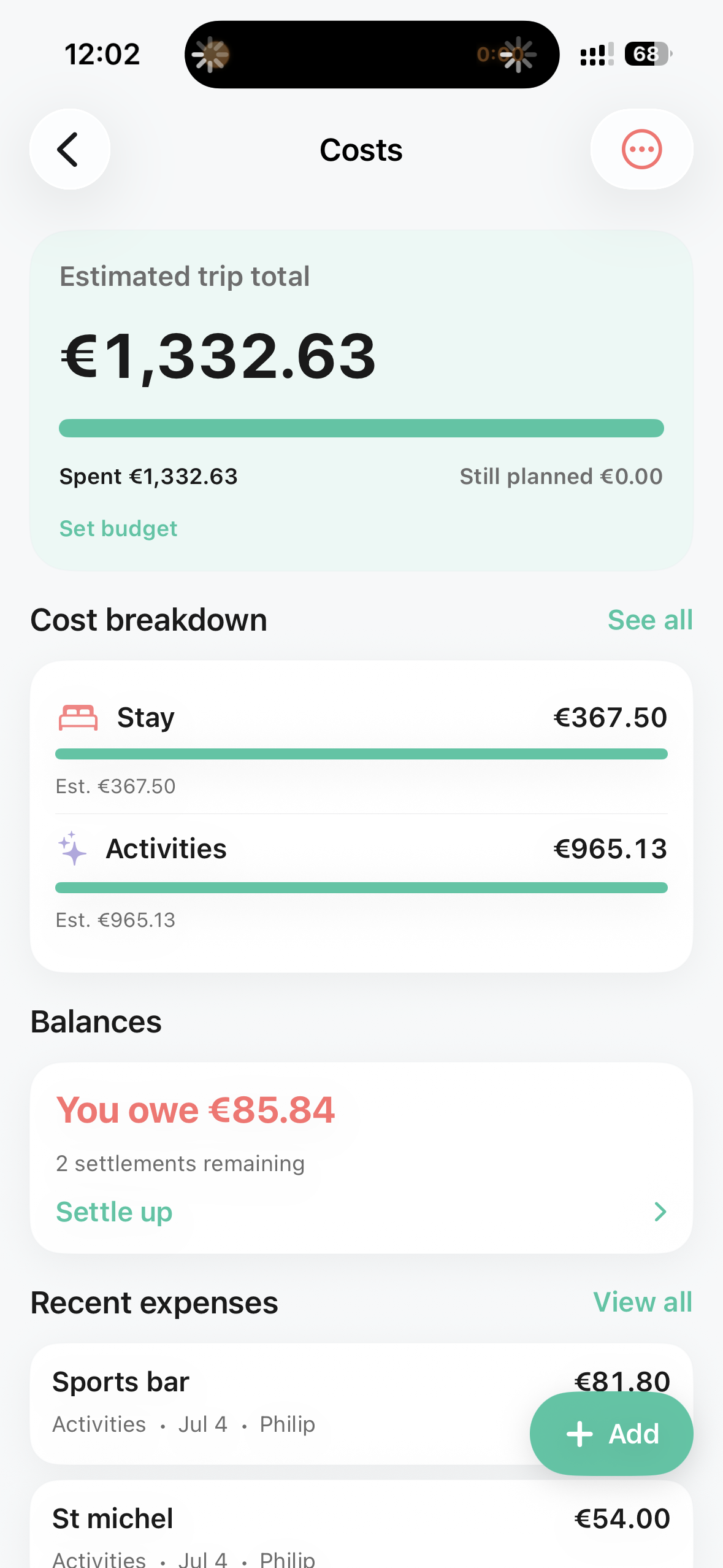 Logged expenses and balances in Awaii