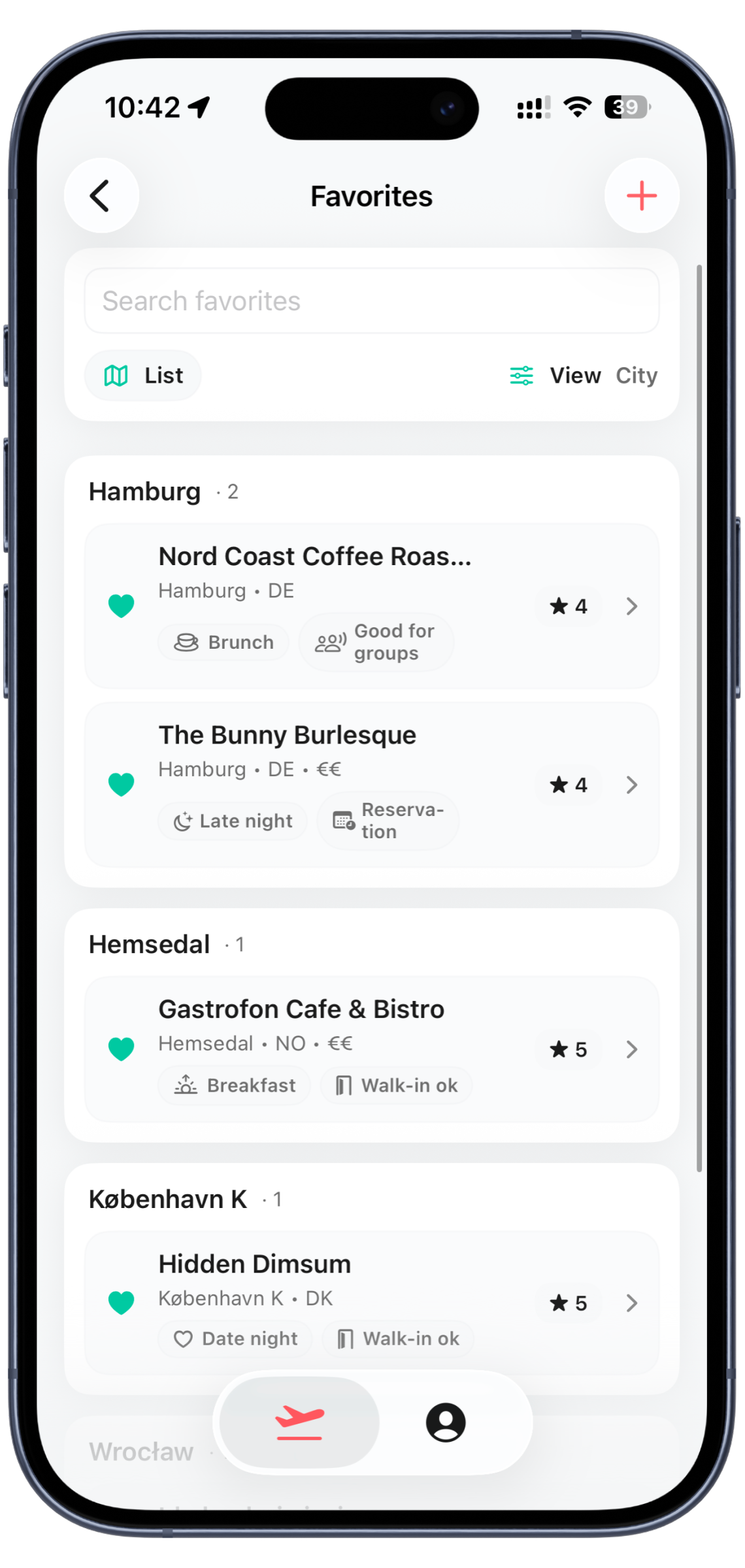 Awaii favorites screen showing saved places and ideas to revisit