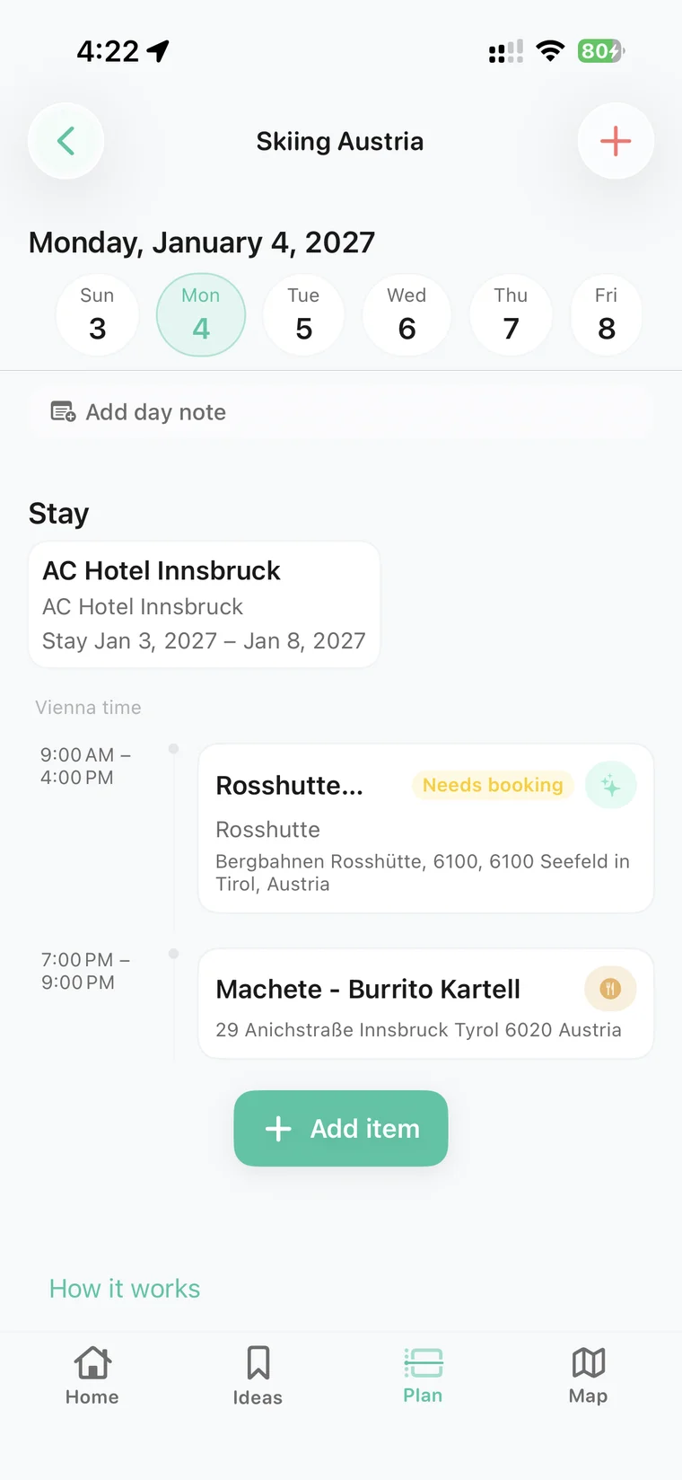 Een dag in de gedeelde reisplanning in Awaii voor iPhone