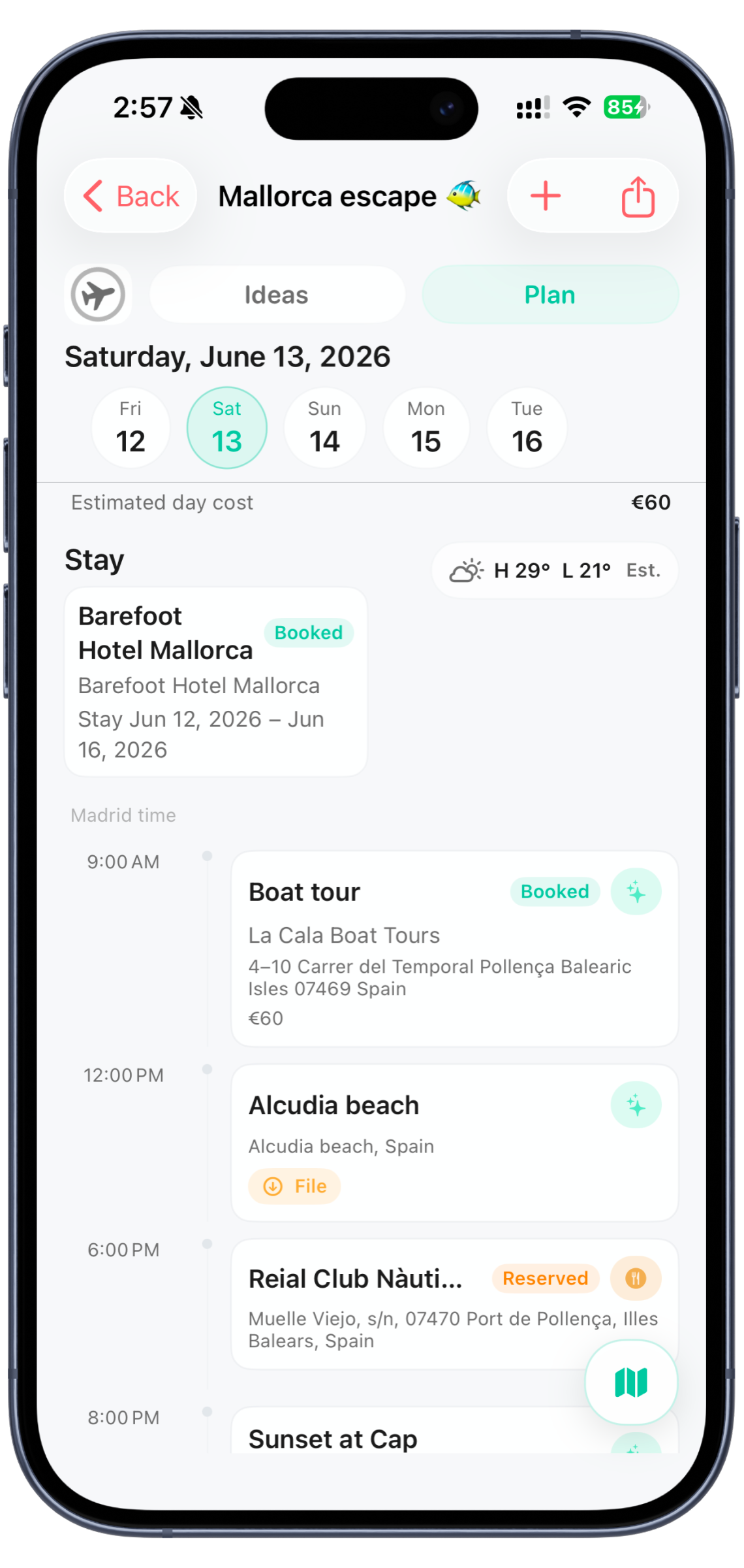 Awaii plan view showing an updated itinerary with the latest decisions applied