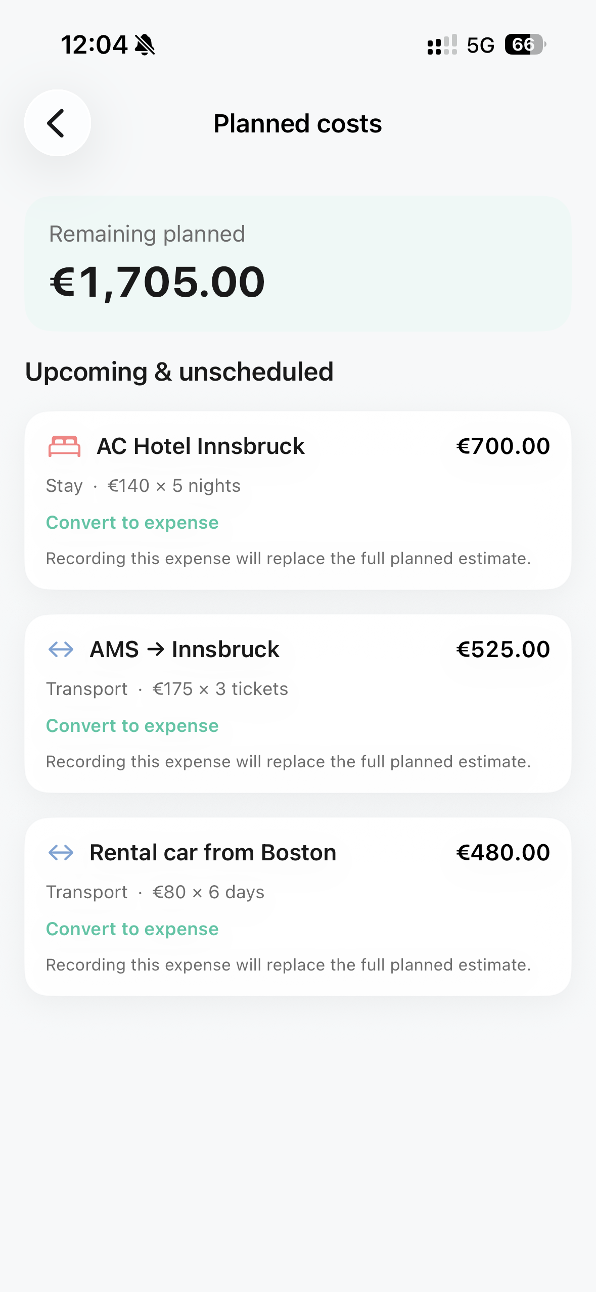 Stay and activity ideas that carry planned costs