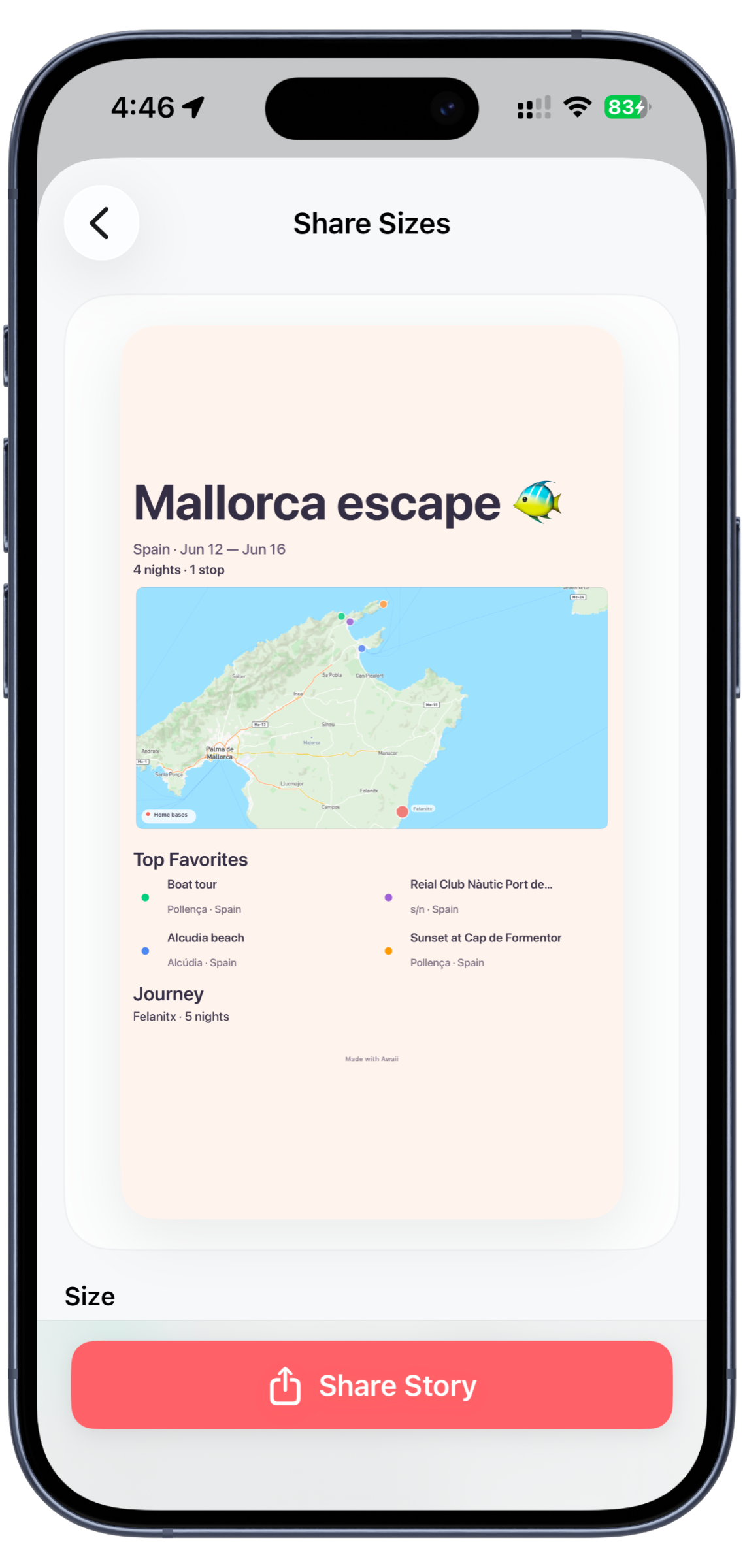 Awaii trip summary screen showing a shareable snapshot of the getaway