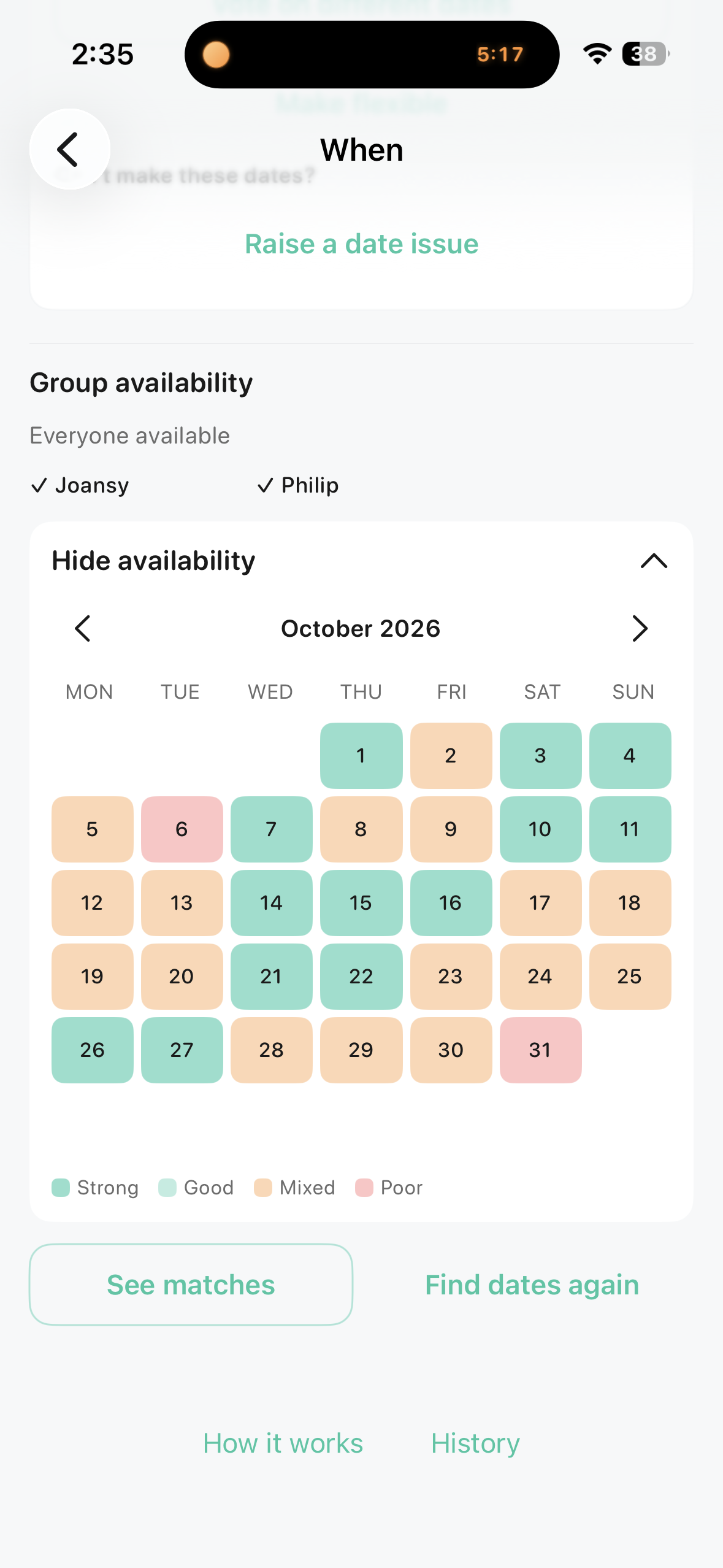 Comparing group availability and date windows in Awaii