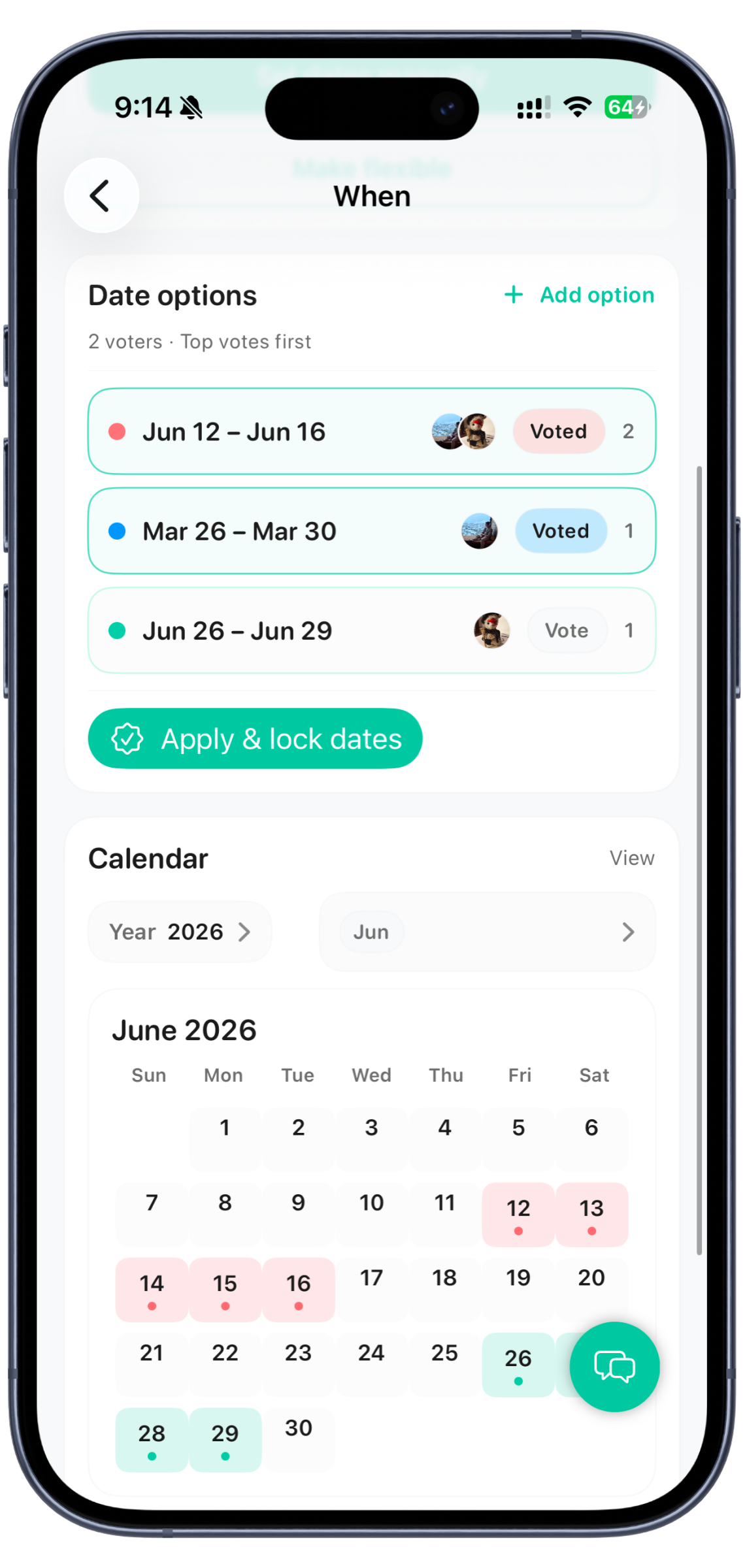 Awaii date decision view showing group votes across available dates