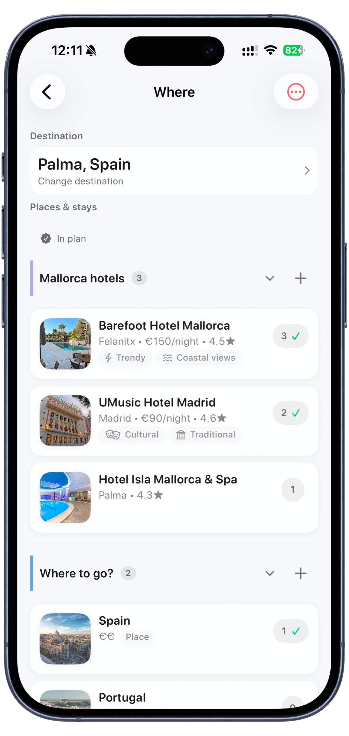 Awaii shortlist showing places and stays with group votes and a chosen winner